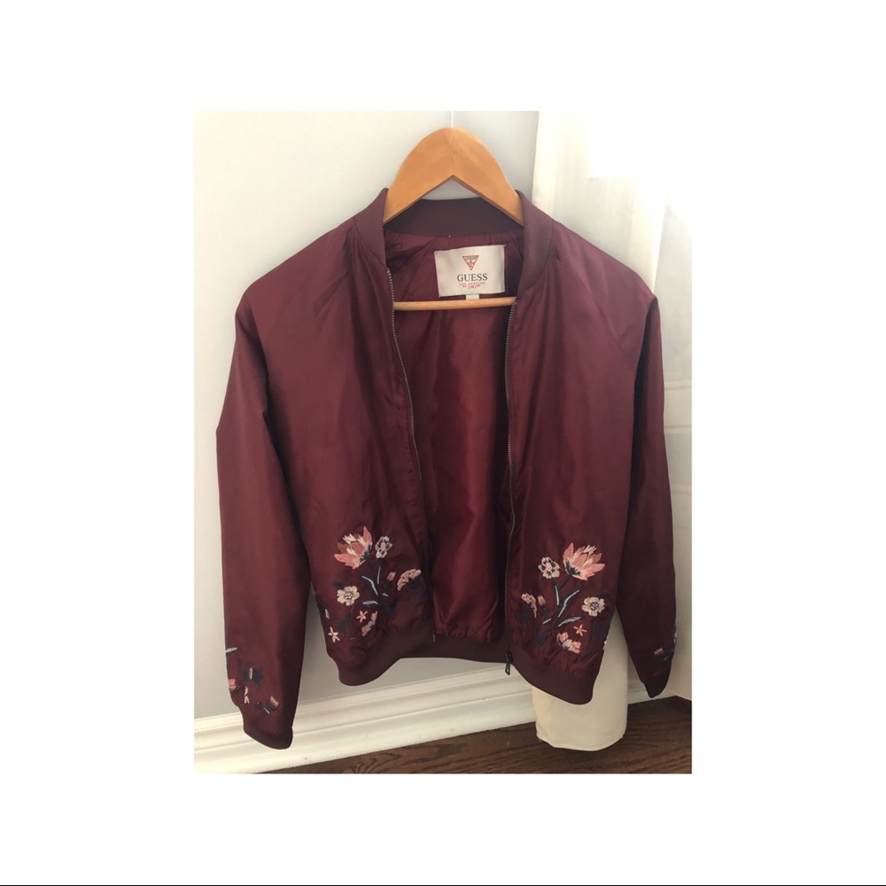 Guess - bomber jacket, burgundy with embroidered flowers